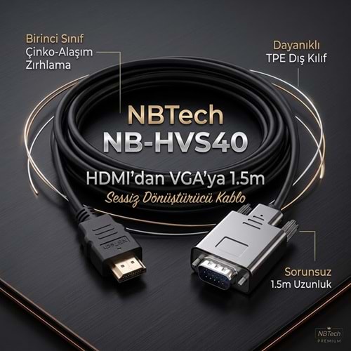 NBTech NB-HVS40 HDMI to VGA 1.8m Sessiz Çevirici Kablo