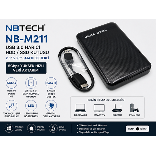 NBTECH NB-M211 USB 3.0 Harici HDD SSD Kutusu 2.5