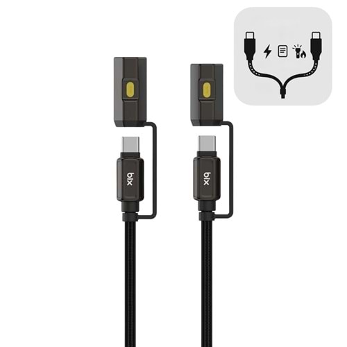 BIX T2IN1C 240W LED Fener ve Alevsiz Çakmak Fonksiyonlu Type-C to Type-C Şarj ve Data Kablosu 1.2 Metre Siyah