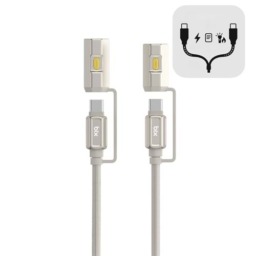 BIX T2IN1C 240W LED Fener ve Alevsiz Çakmak Fonksiyonlu Type-C to Type-C Şarj ve Data Kablosu 1.2 Metre Gri