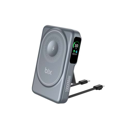 BIX TPB16 6’sı 1 Arada 10000mAh Manyetik OLED Ekranlı Kablosuz Powerbank Gri