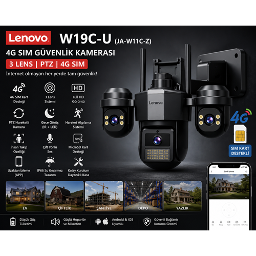 Lenovo W19C-U(JA-W11C-Z) 4G SIM Güvenlik Kamerası | 3 Lens PTZ Gece Görüşlü Akıllı Kamera