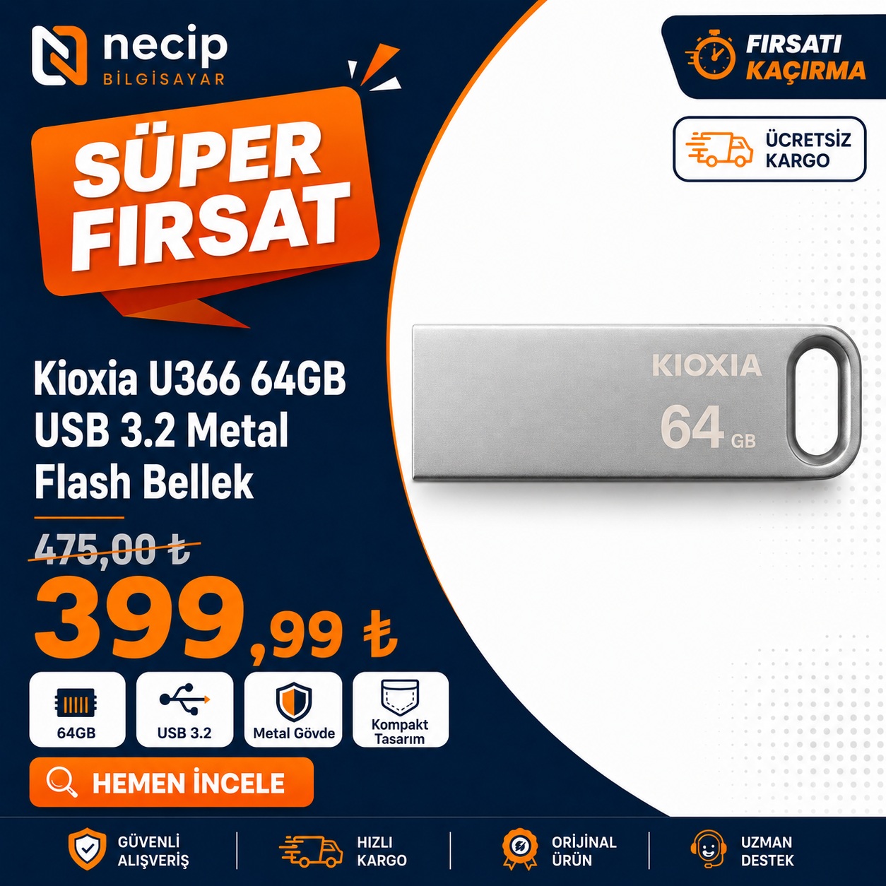 USB 3.2 Gen 1 hızı, 64GB kapasite ve dayanıklı metal gövdesiyle dosyalarınızı güvenle taşıyabileceğiniz şık flash bellek çözümü.