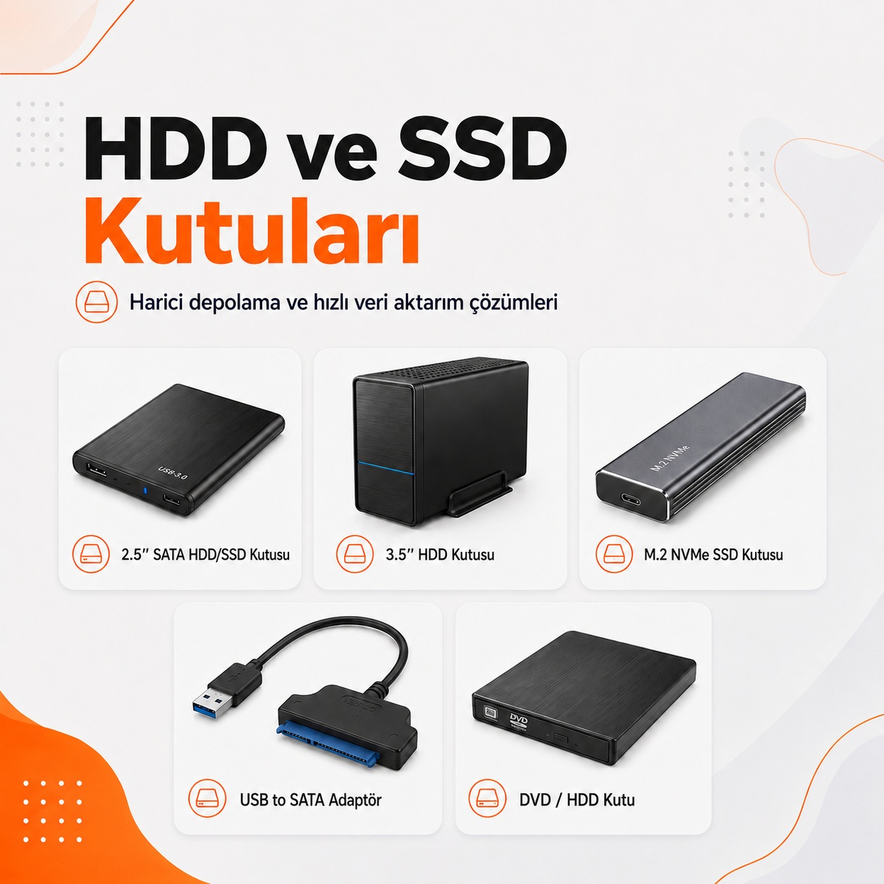 HDD ve SSD kutuları, harici disk kutusu, M.2 NVMe SSD kutusu ve USB SATA adaptör kategori görseli