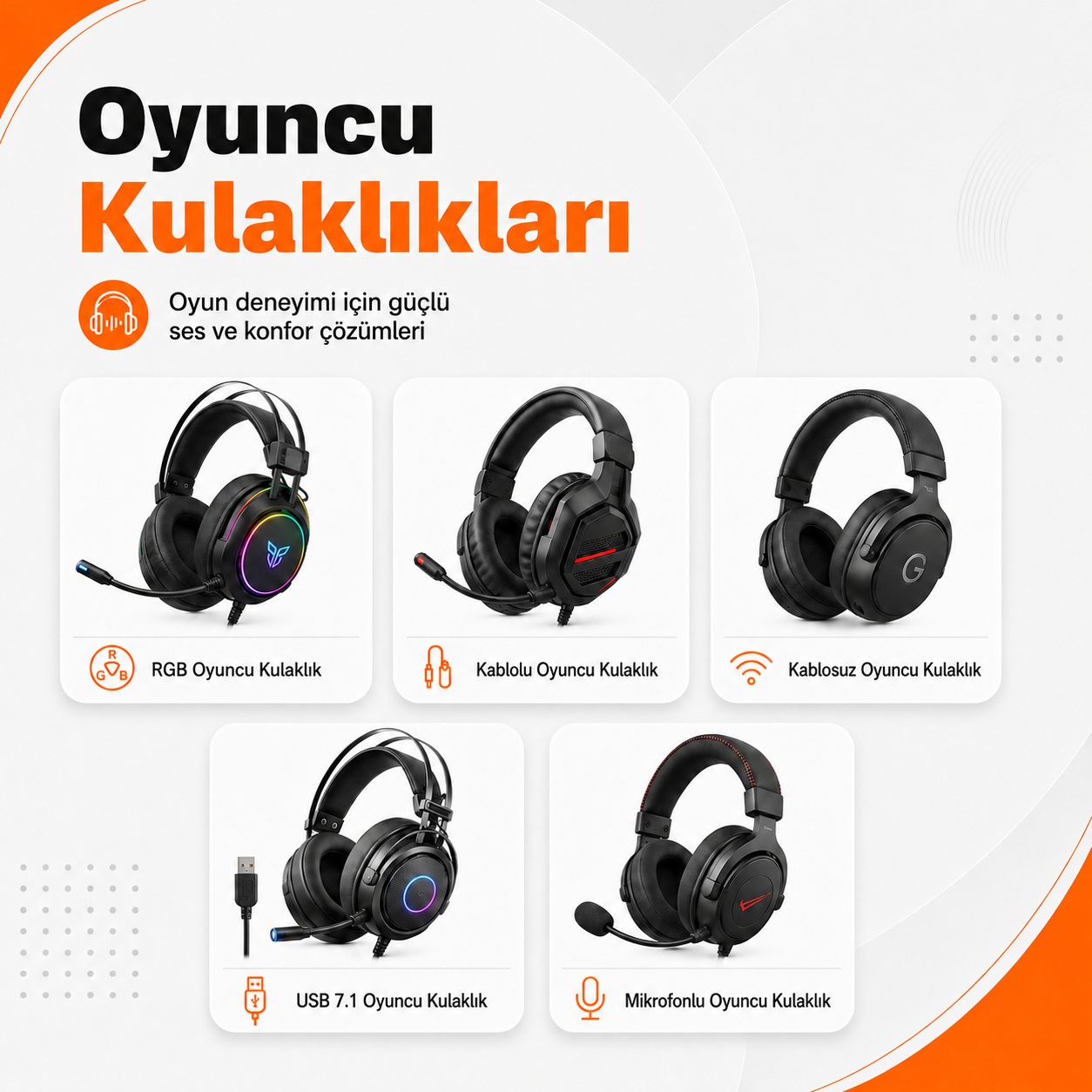 Oyuncu kulaklıkları, RGB kulaklık, kablolu ve kablosuz mikrofonlu kulaklık kategori görseli