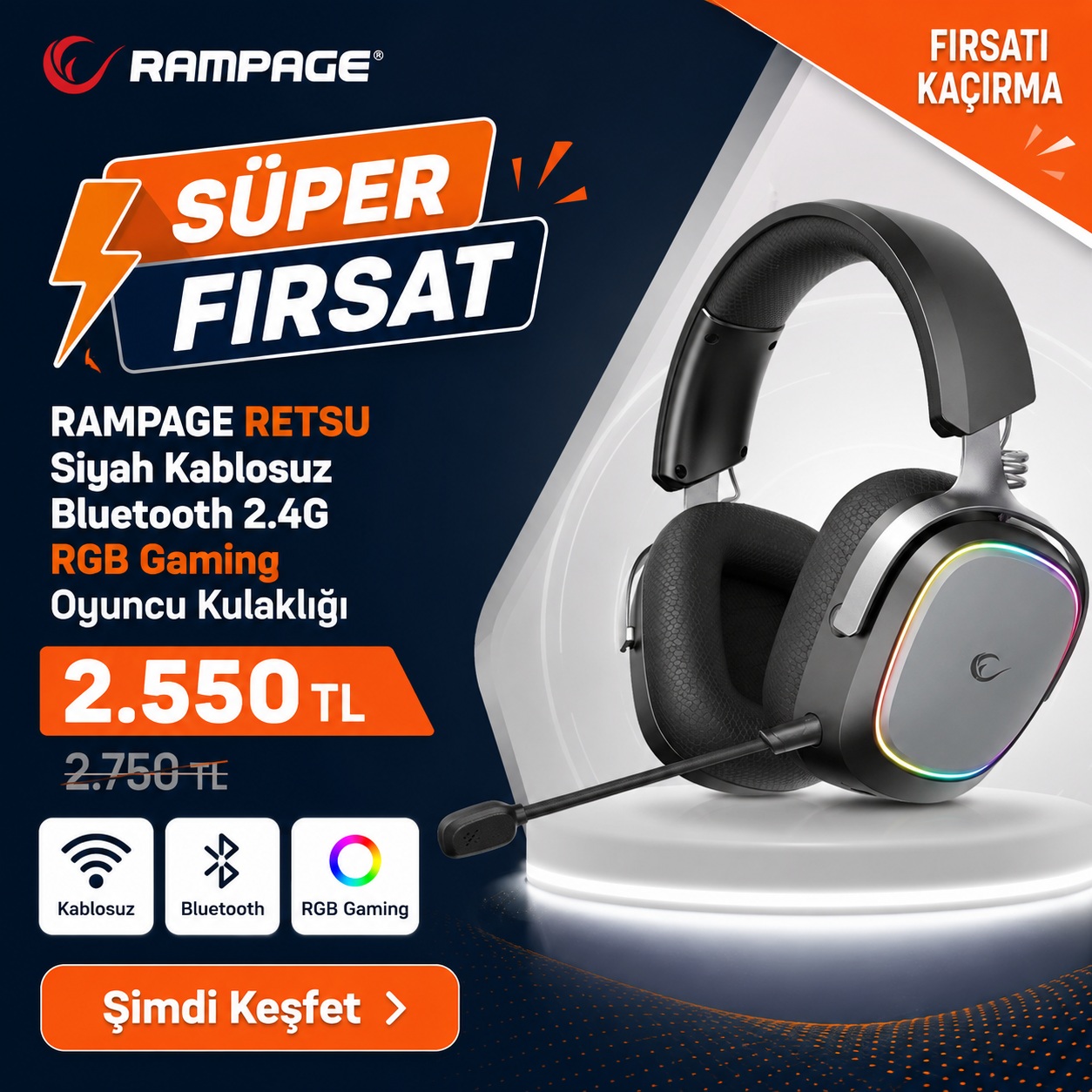 Bluetooth ve 2.4G bağlantı, güçlü ses deneyimi ve RGB tasarımıyla oyun keyfini kablosuz yaşayın