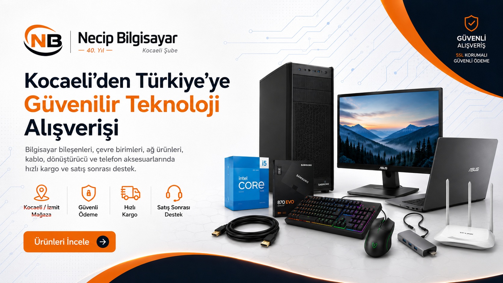 Necip Bilgisayar Kocaeli İzmit merkezli güvenilir teknoloji alışverişi bilgisayar ağ ürünleri kablo dönüştürücü ve hızlı kargo desteği