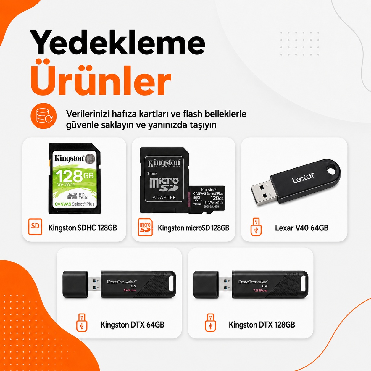 Yedekleme ürünleri, hafıza kartları, microSD kartlar ve USB flash bellek çeşitleri kategori görseli