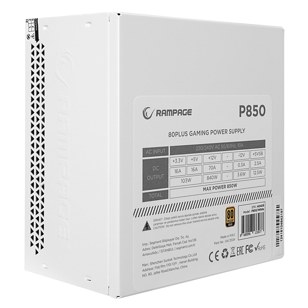 Rampage P850 850W 80+ GOLD APFC 14cm Long Life HDB Fan Beyaz PC Power Supply