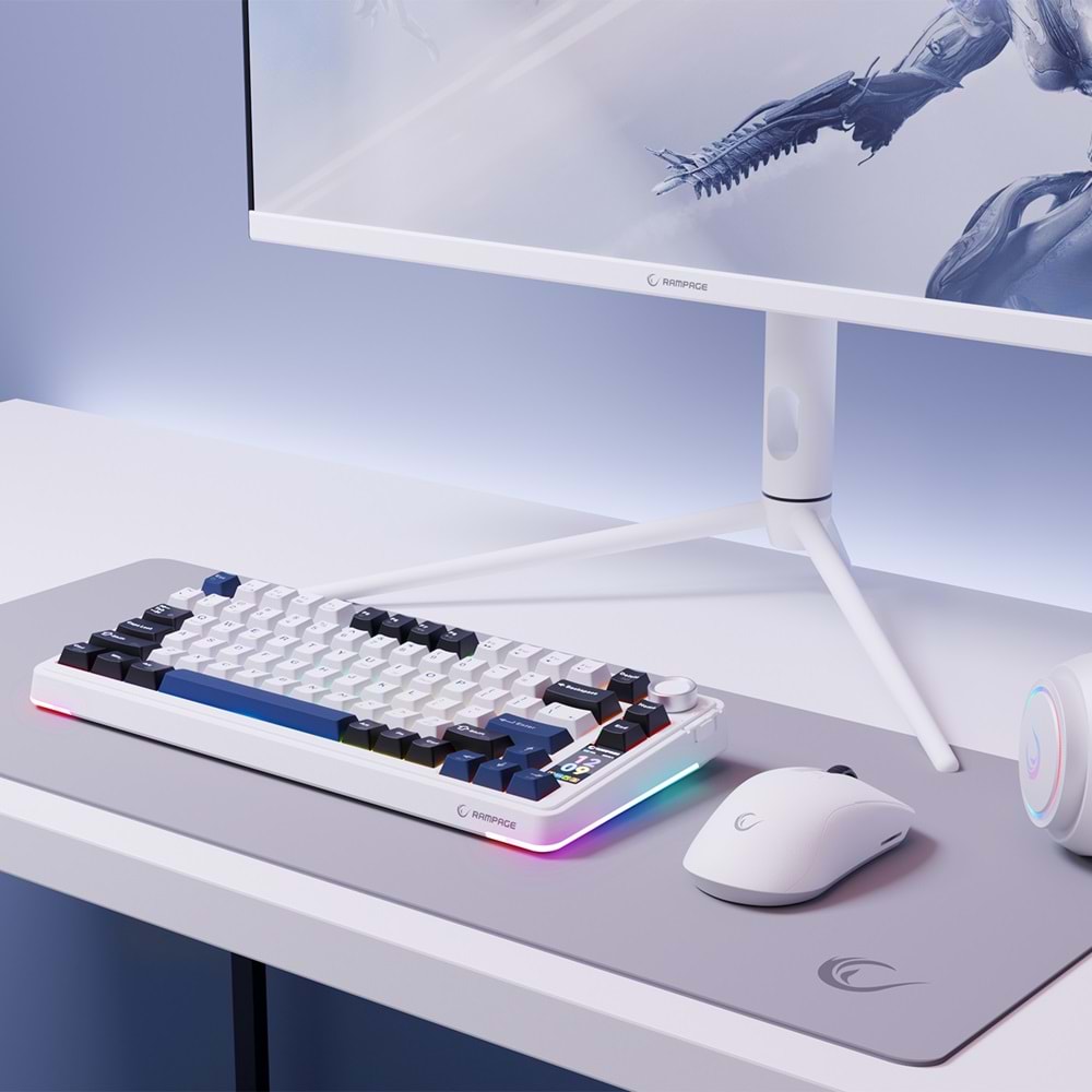 Rampage Quell Pro Ekranlı Beyaz Hot Swap 2.4G + Bluetooth Wireless RGB Gasket Oil Switch English Layout PBT Keycaps Mekanik Oyuncu Klavyesi Outlet