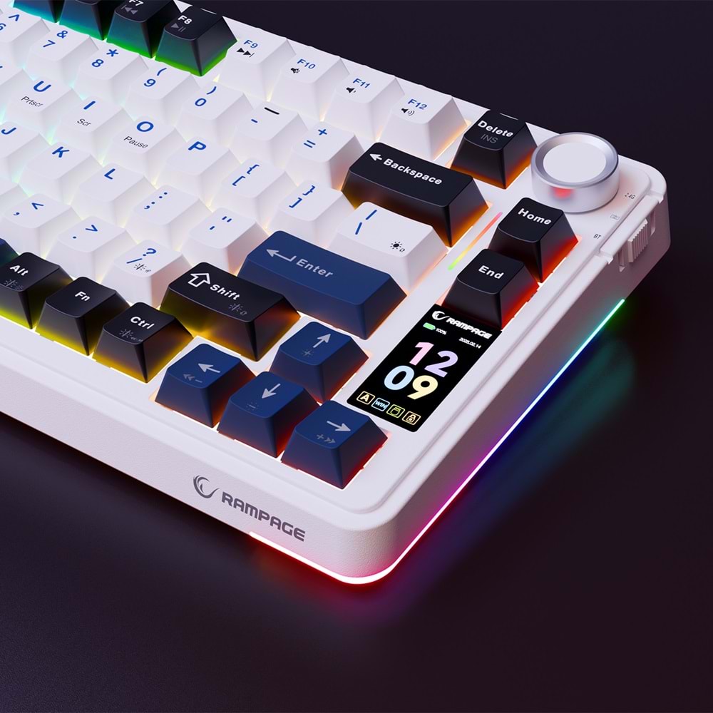 Rampage Quell Pro Ekranlı Beyaz Hot Swap 2.4G + Bluetooth Wireless RGB Gasket Oil Switch English Layout PBT Keycaps Mekanik Oyuncu Klavyesi Outlet