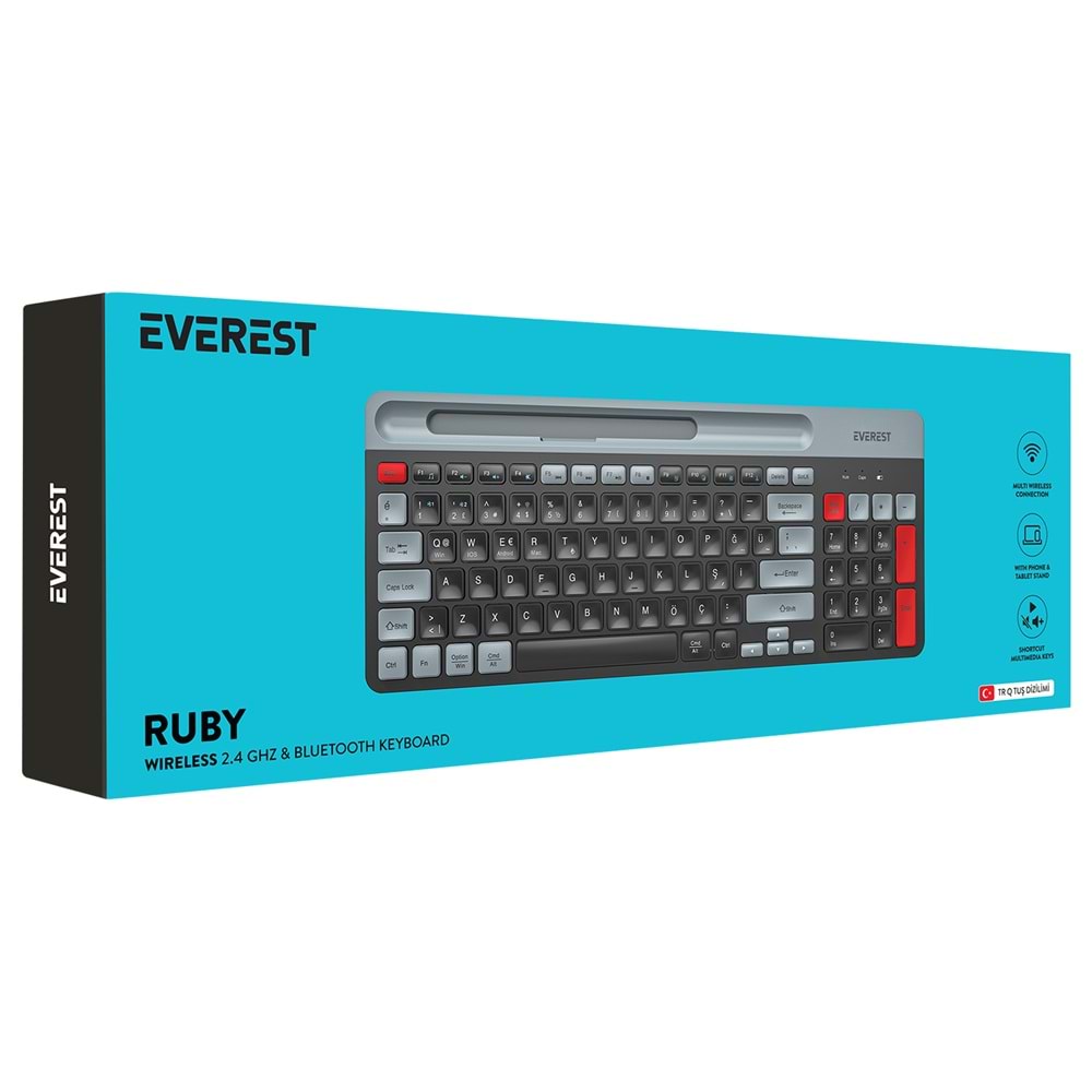 Everest KB-88 RUBY Siyah/Gri Bluetooth + 2.4G Kablosuz Q Klavye