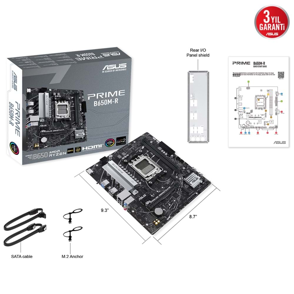 ASUS PRIME B650M-R AM5 DDR5 7200MHz OC HDMI USB 3.2 RGB Gigabit mATX Anakart