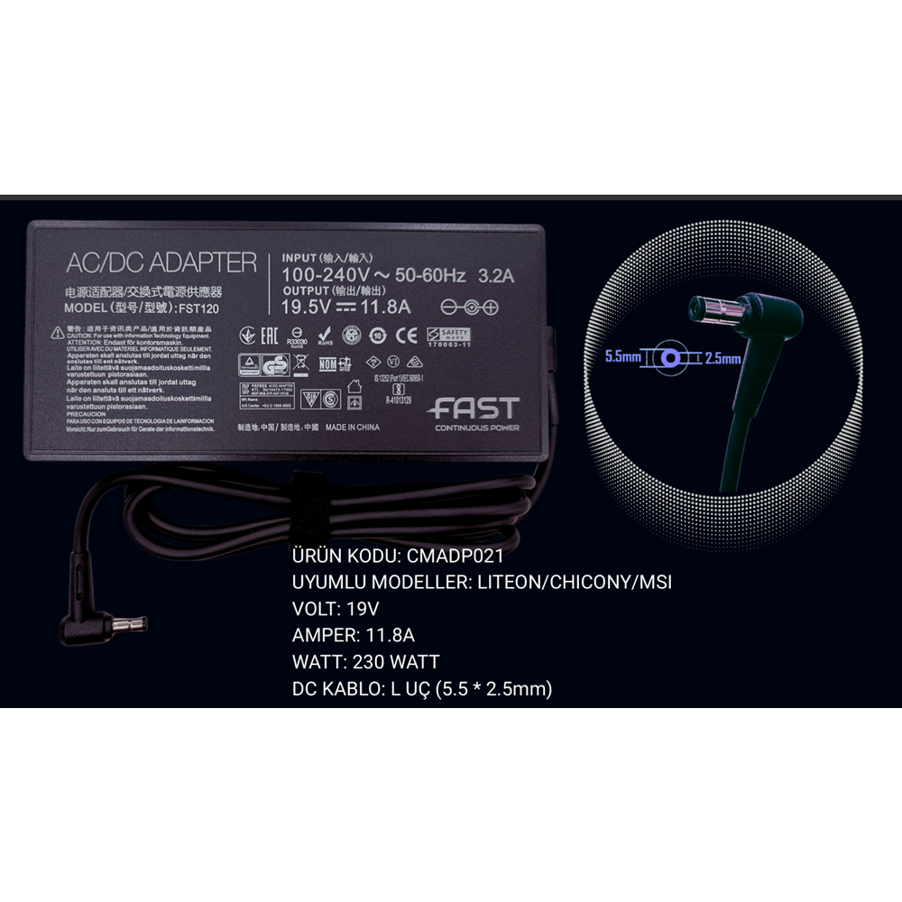 FAST C21 19.5V 11.8A 230W Asus Toshiba Excalibur Monster Notebook Şarj Aleti