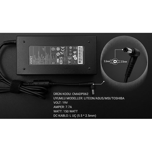 Fast C62 150W 19.5V 7.7A Asus Monster MSI Toshiba Notebook Şarj Adaptörü
