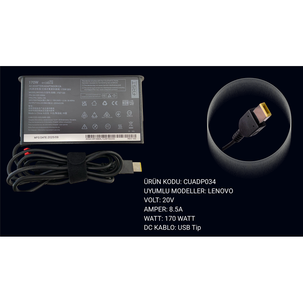 FAST CU34 Lenovo 20V 8.5A 170W USB Tip Notebook Adaptörü