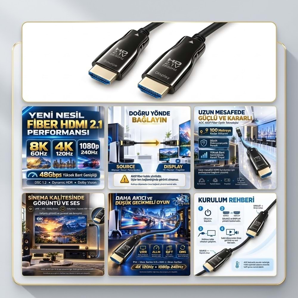 NBTech NB-HDMFO8K20 20 Metre HDMI 2.1 Fiber Optik Kablo 8K 60Hz 4K 120Hz 48Gbps