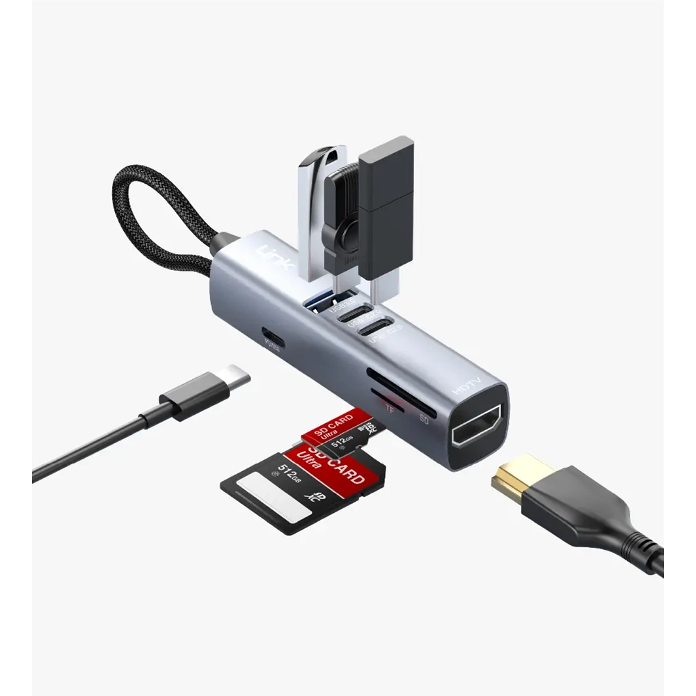 Linktech LPA-A209 7'si 1 Arada USB-C Hub HDMI USB-A PD 100W SD TF Kart Okuyucu