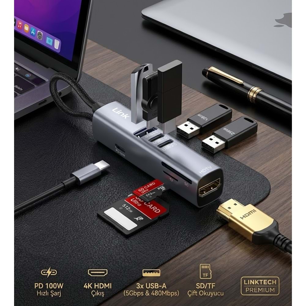 Linktech LPA-A209 7'si 1 Arada USB-C Hub HDMI USB-A PD 100W SD TF Kart Okuyucu