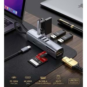 Linktech LPA-A209 7'si 1 Arada USB-C Hub HDMI USB-A PD 100W SD TF Kart Okuyucu